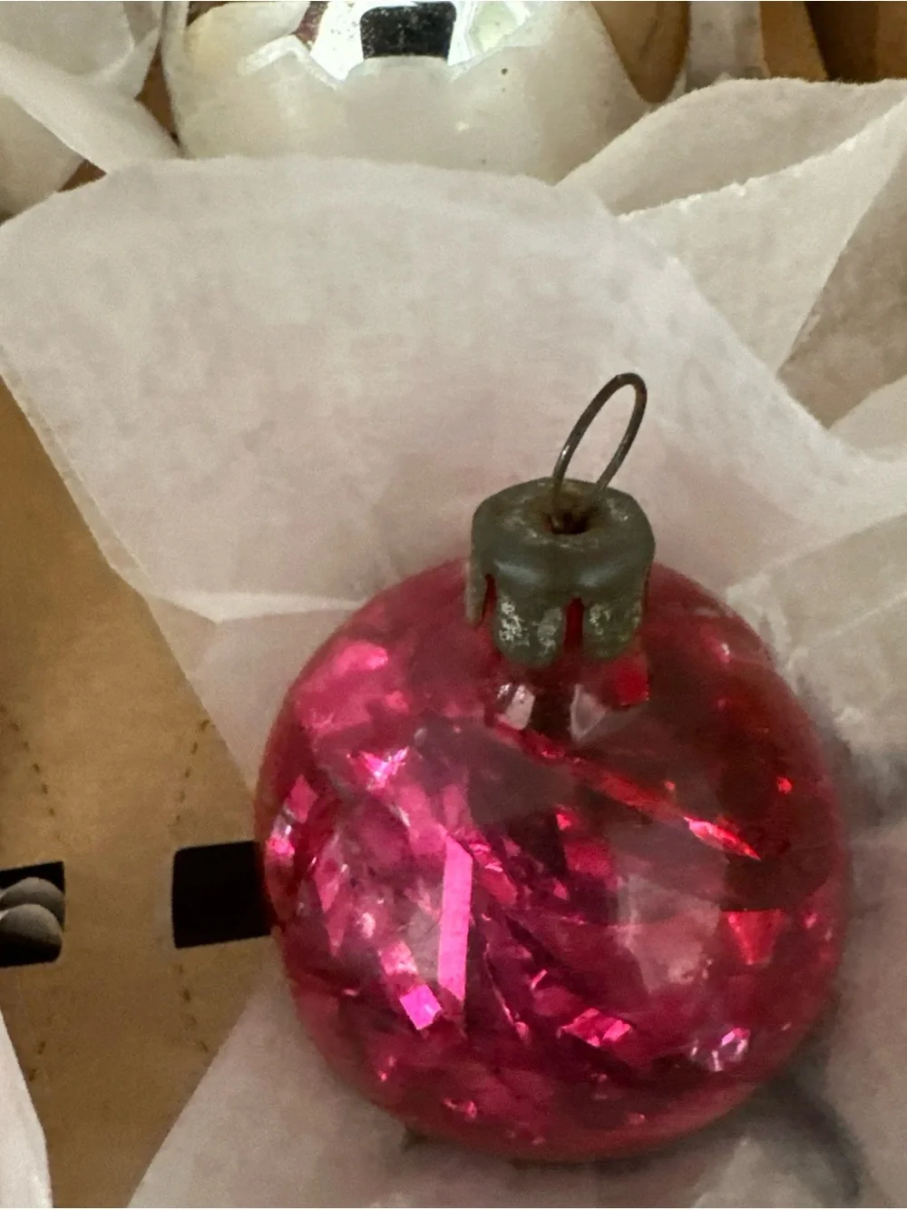 BOX OF VINTAGE 40’s ORNAMENTS TINSEL BALLS UNSILVERED